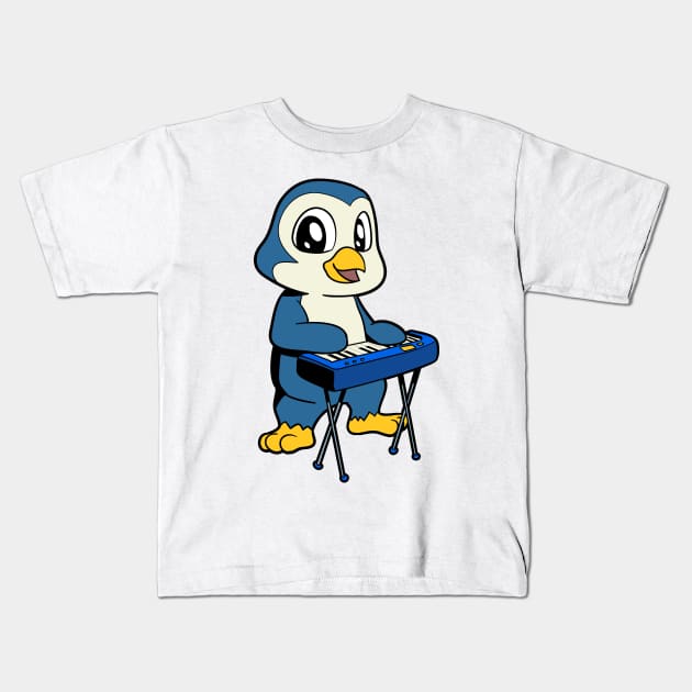 Cartoon penguin playing keyboard Kids T-Shirt by Modern Medieval Design